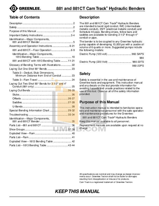 PDF manual for Greenlee Other 980 Power Pumps