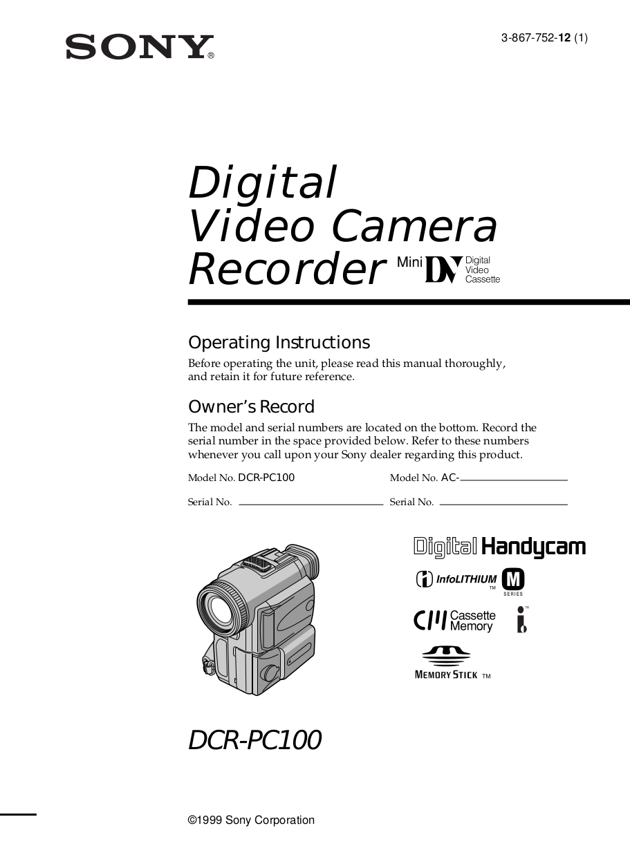 Download free pdf for Sony Handycam DCRPC100 Camcorders manual