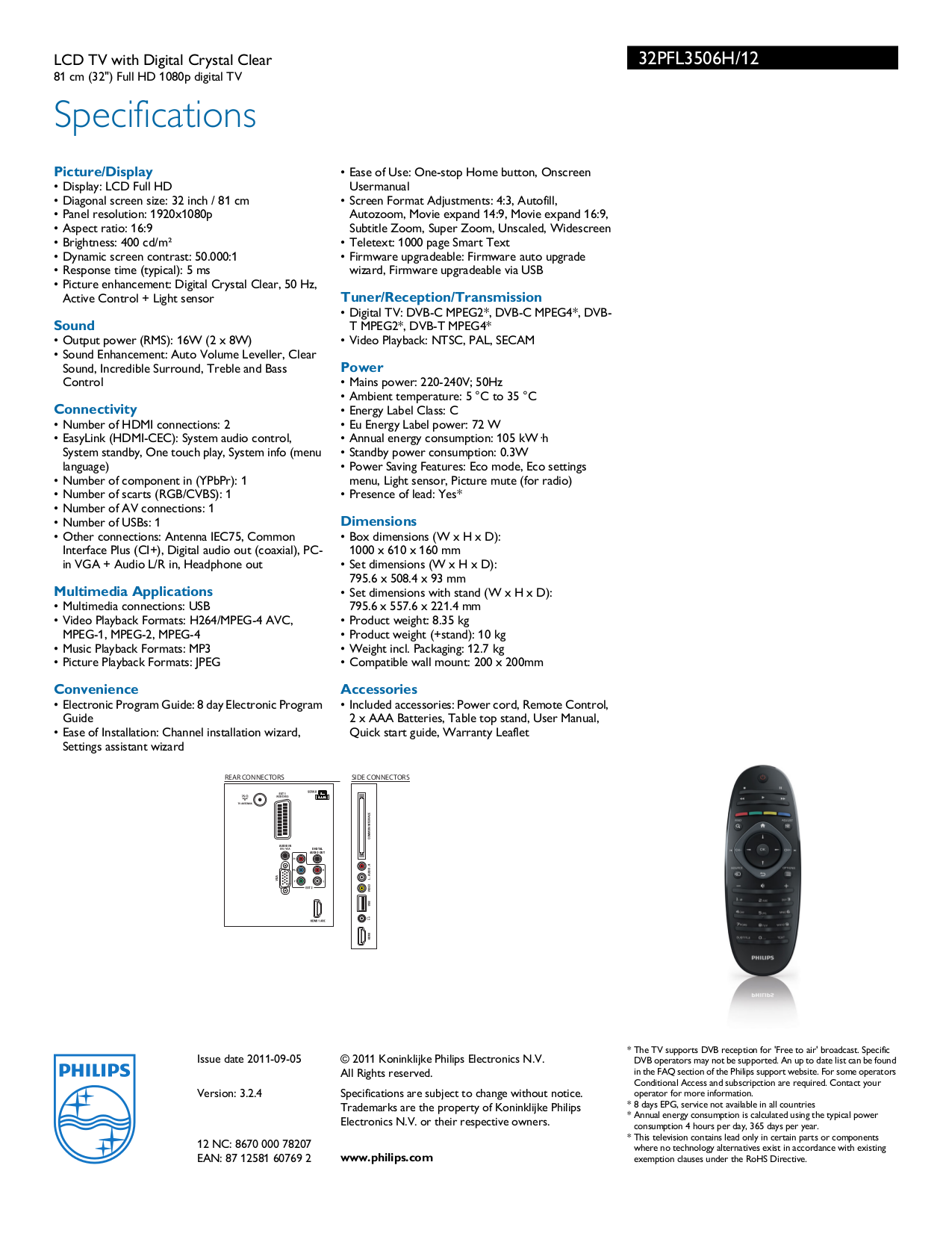 PDF manual for Philips LCD TV 32PFL3506