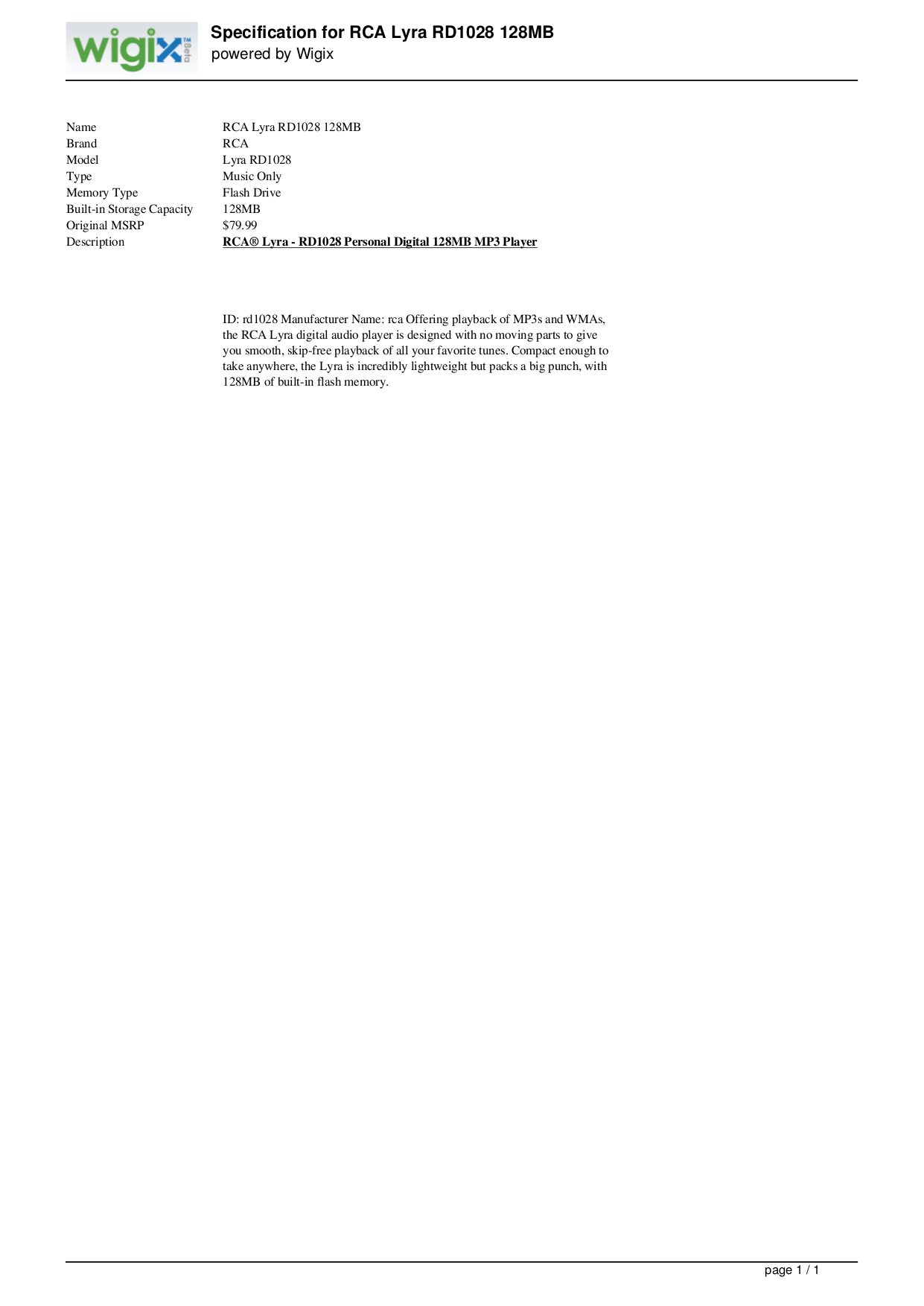 Download free pdf for RCA Lyra RD1028 MP3 Player manual