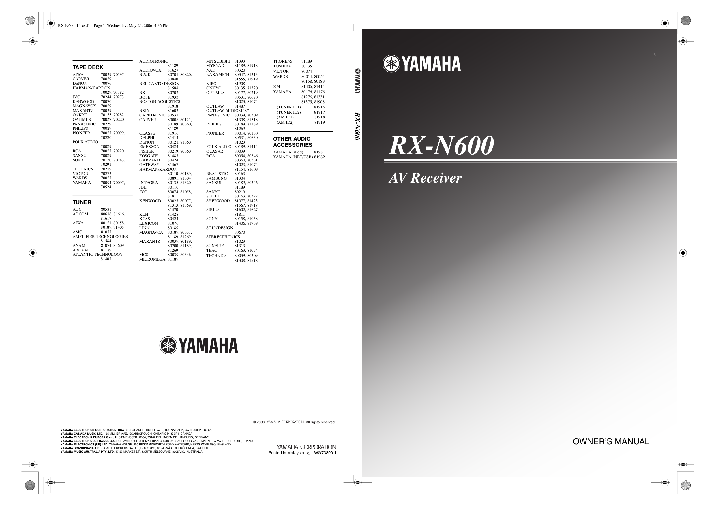 Download free pdf for Yamaha RX-A800 Receiver manual