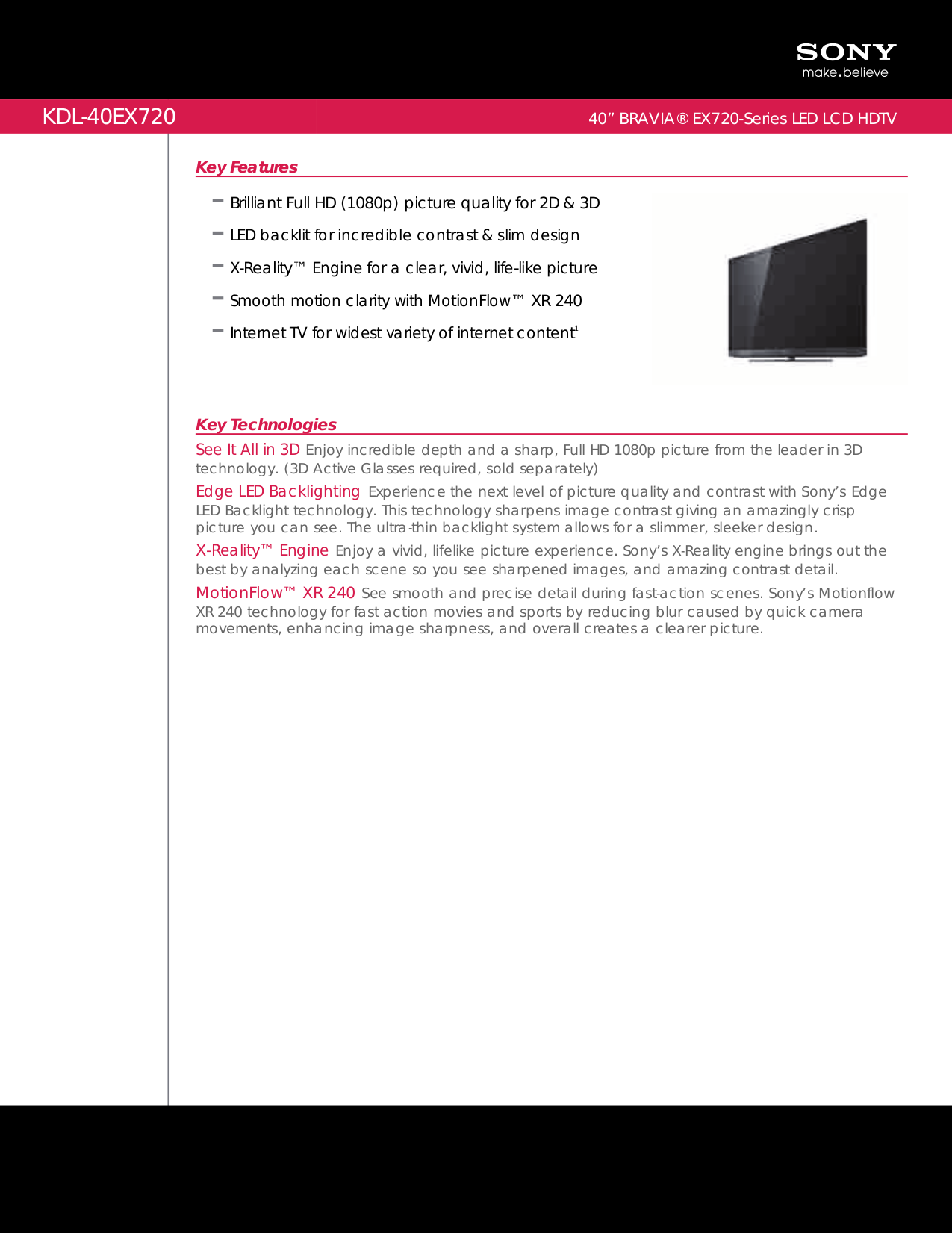 Download Free Pdf For Sony BRAVIA KDL-40EX720 TV Manual