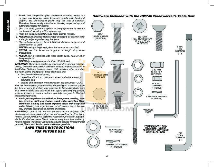 PDF manual for Dewalt Other DW746 Table Saw