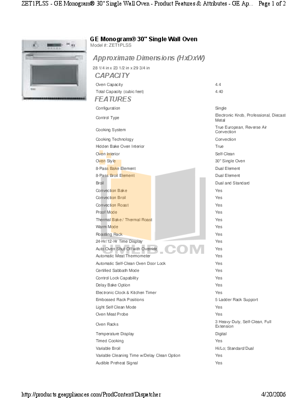 Download free pdf for GE Monogram ZET1PLSS Oven manual