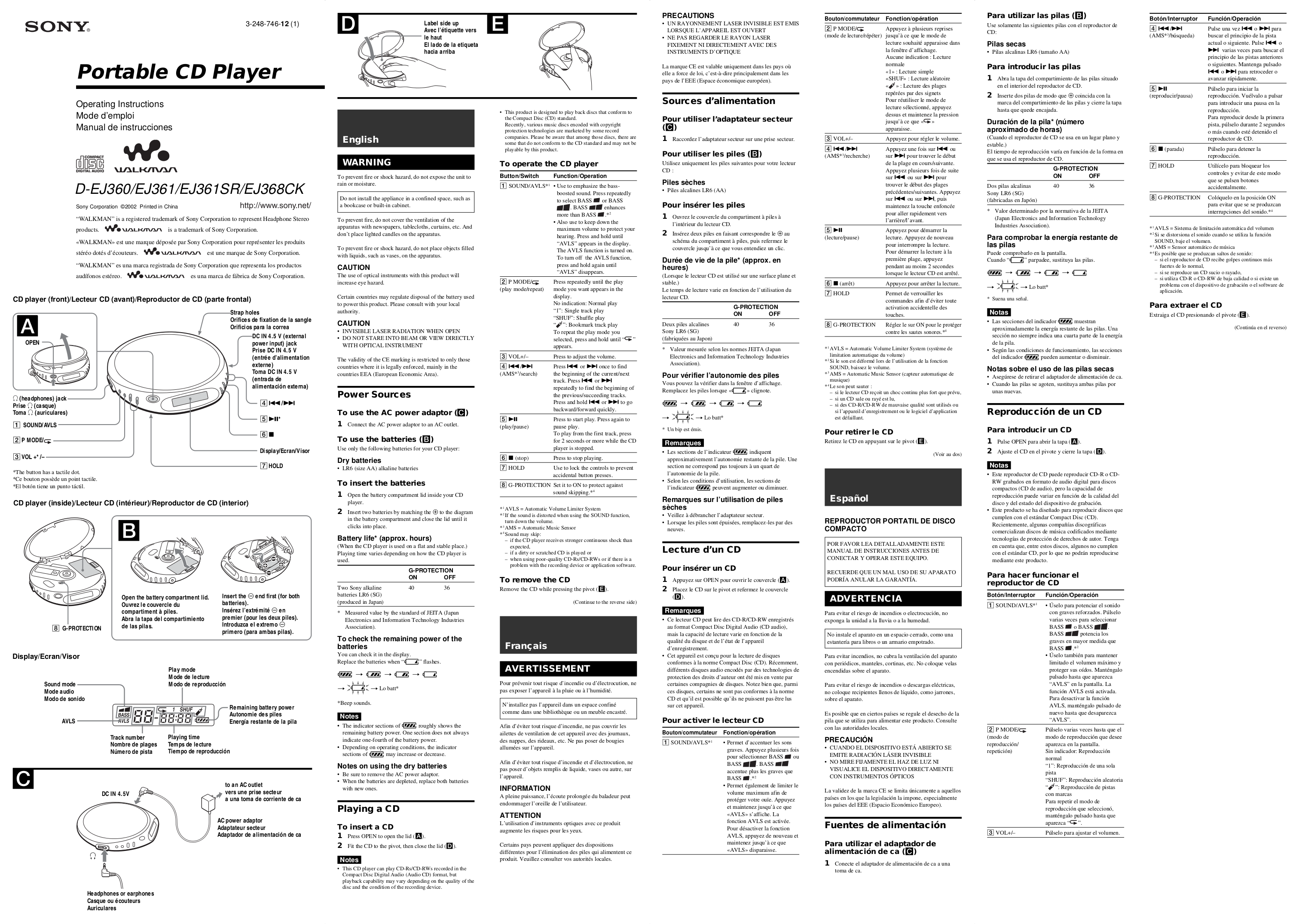 Download free pdf for Sony Walkman D-EJ368CK CD Player manual