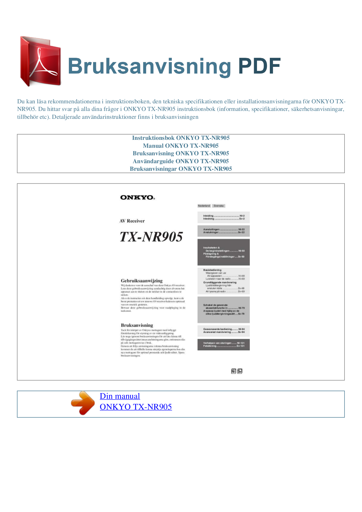 Download free pdf for Onkyo TX-NR905 Receiver manual