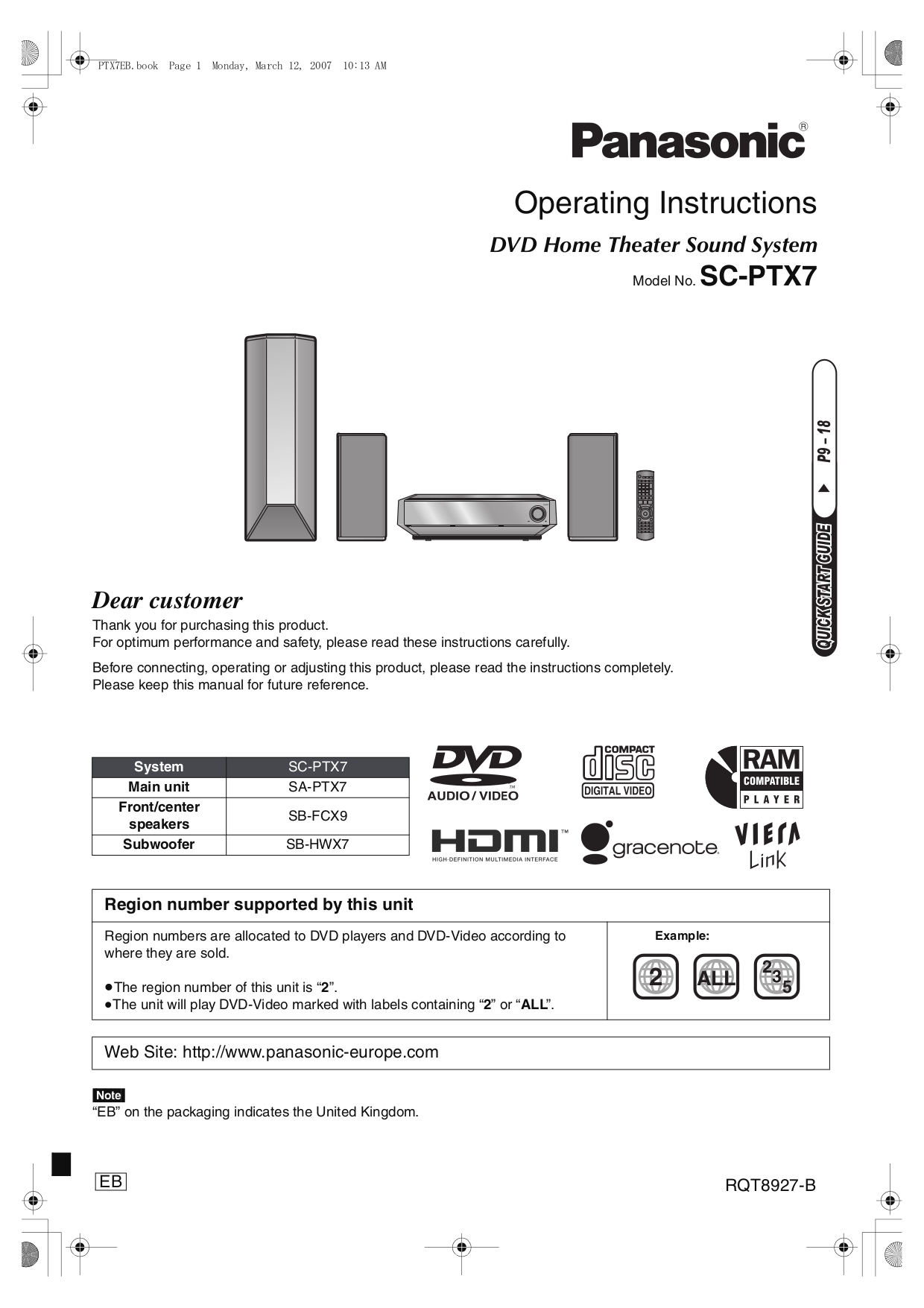 Download free pdf for Panasonic SC-PTX7 Home Theater manual