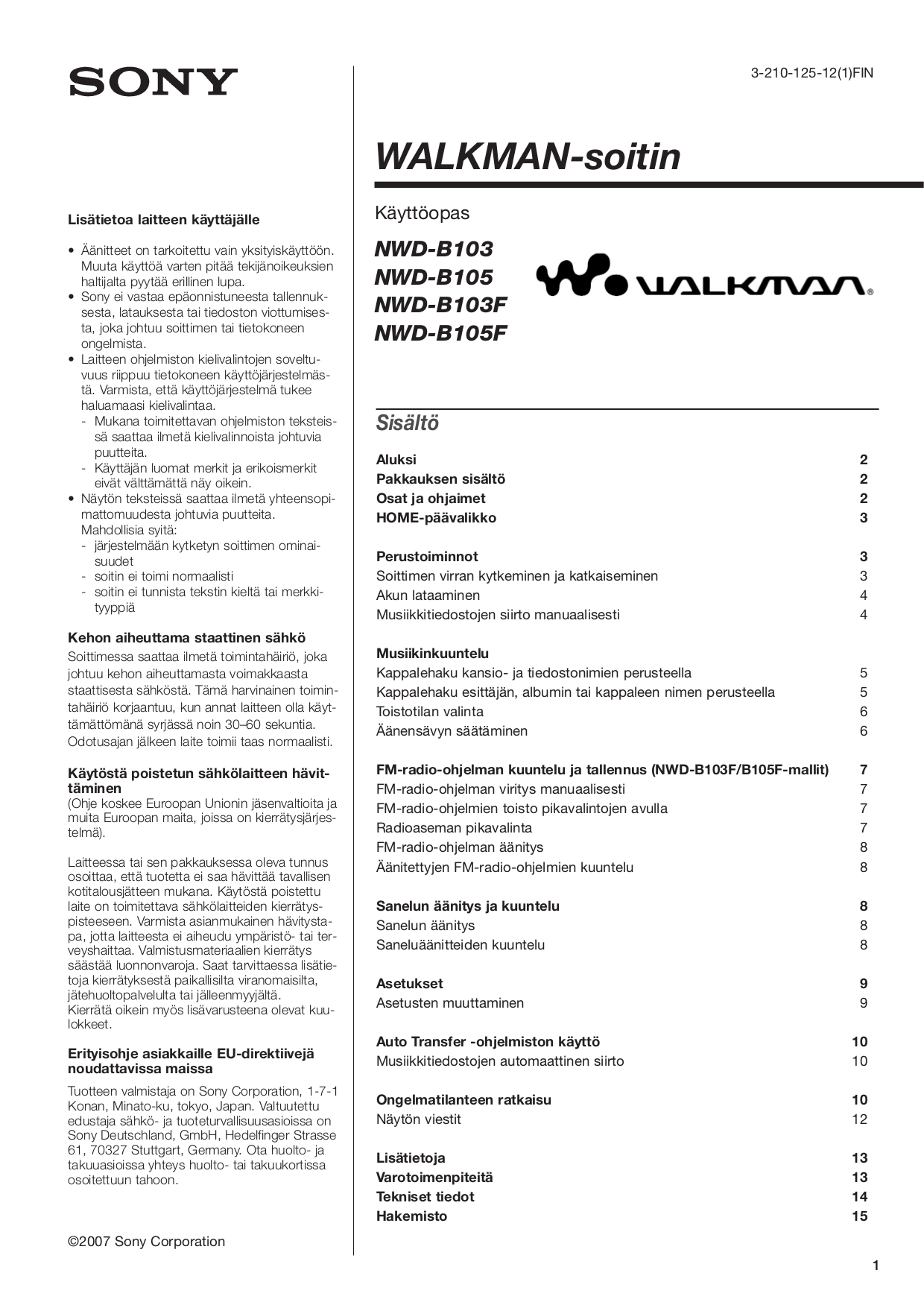 Download free pdf for Sony Walkman NWZB103F MP3 Player manual