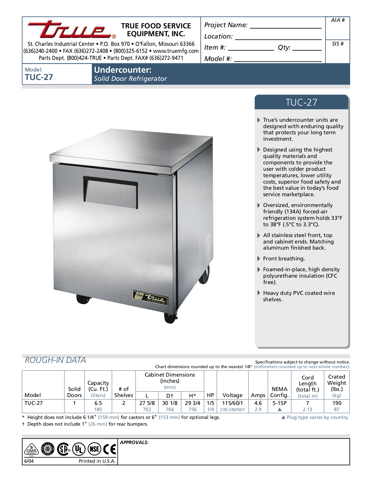 pdf for True Refrigerator TUC-27-LP manual