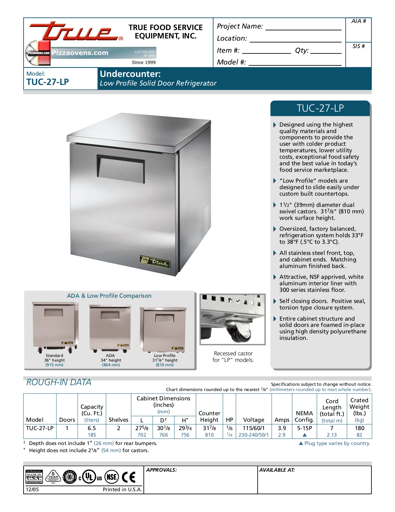 pdf for True Refrigerator TUC-27-LP manual