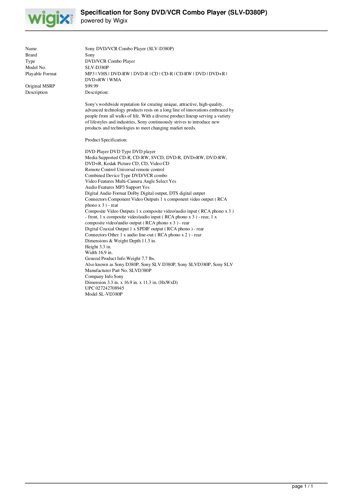 Download free pdf for Sony SLV-D380P DVD Players manual