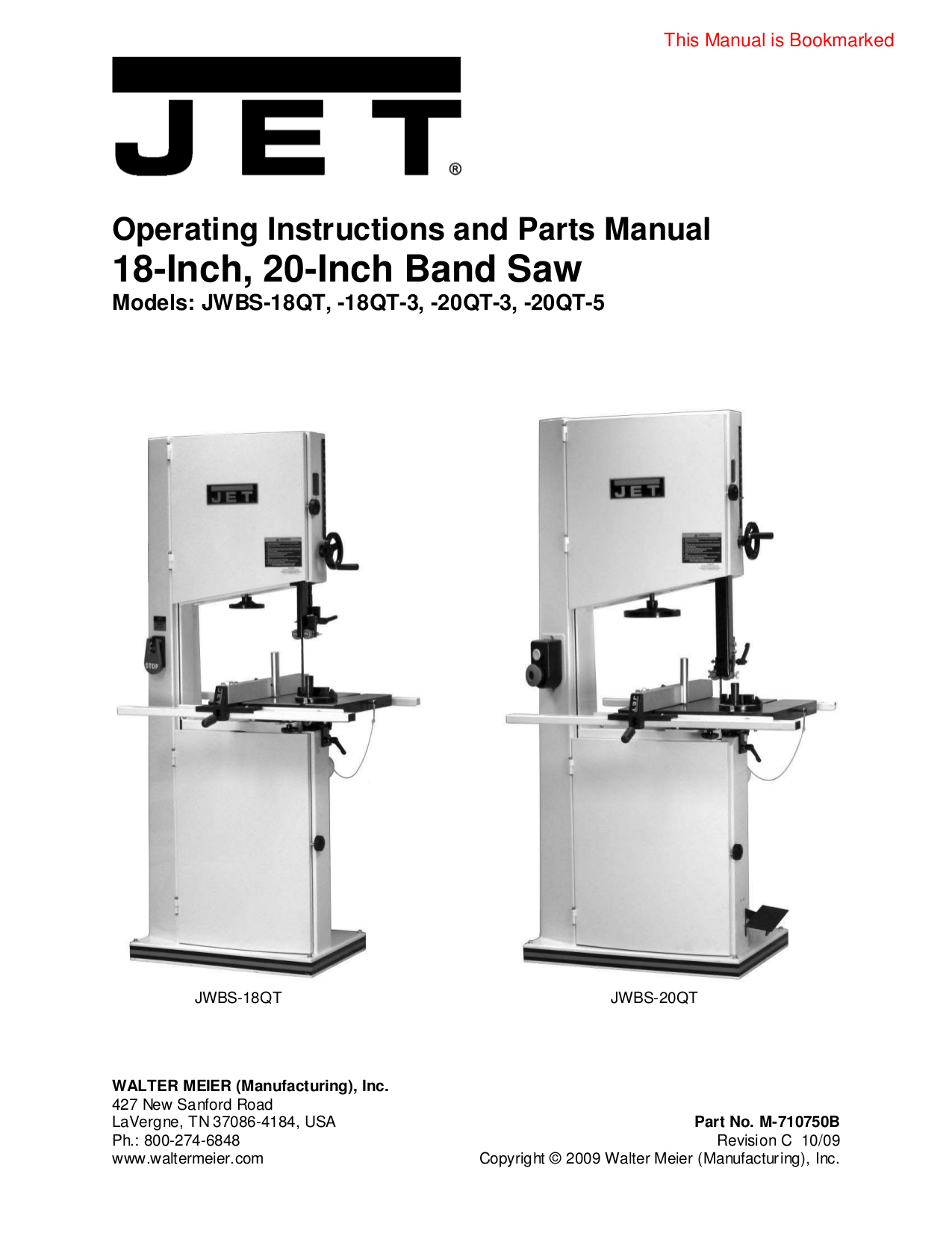 Download free pdf for Jet JWBS140S Bandsaw Other manual