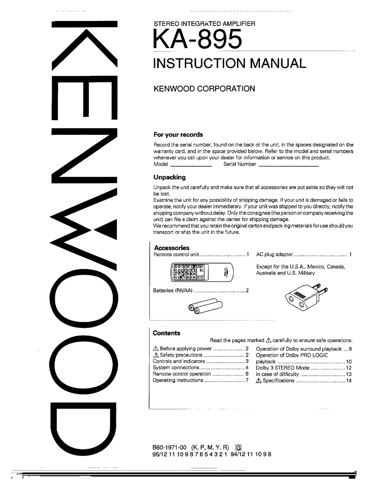 Download free pdf for Kenwood KA-95 Amp manual