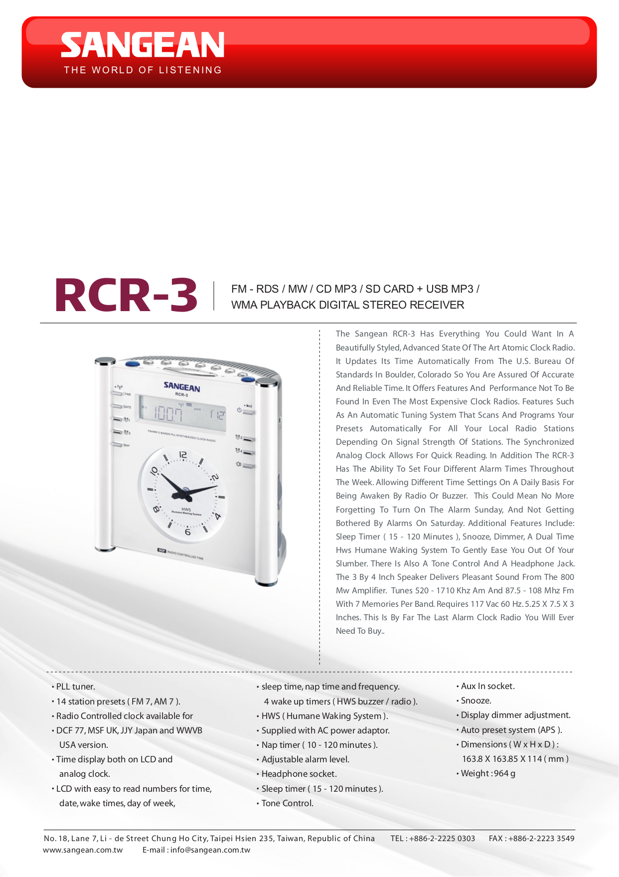 Download free pdf for Sangean RCR3 Clock Radio manual