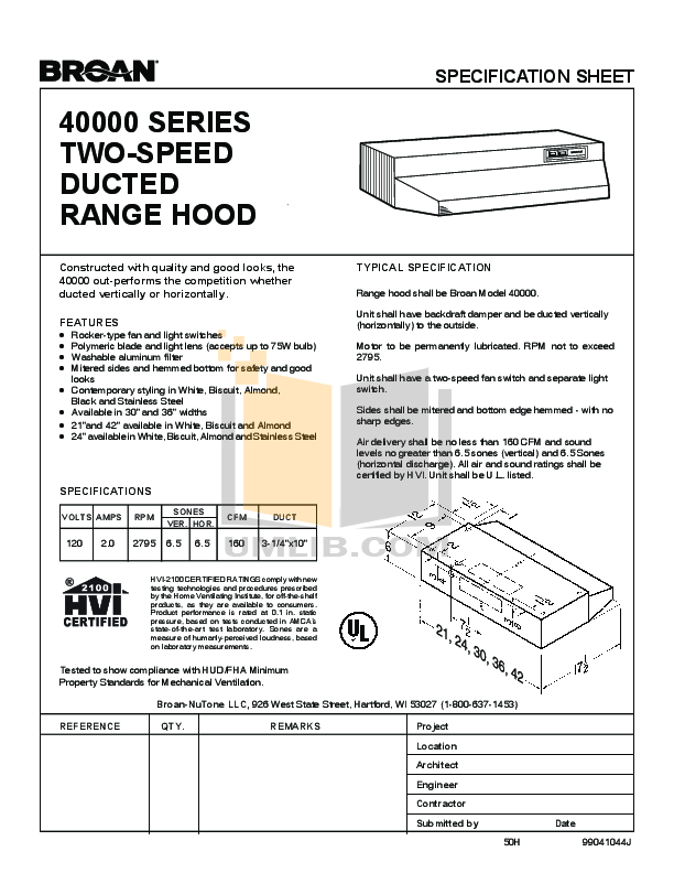 Download free pdf for BroanNuTone 40000 Series 403004 Hoods Other manual