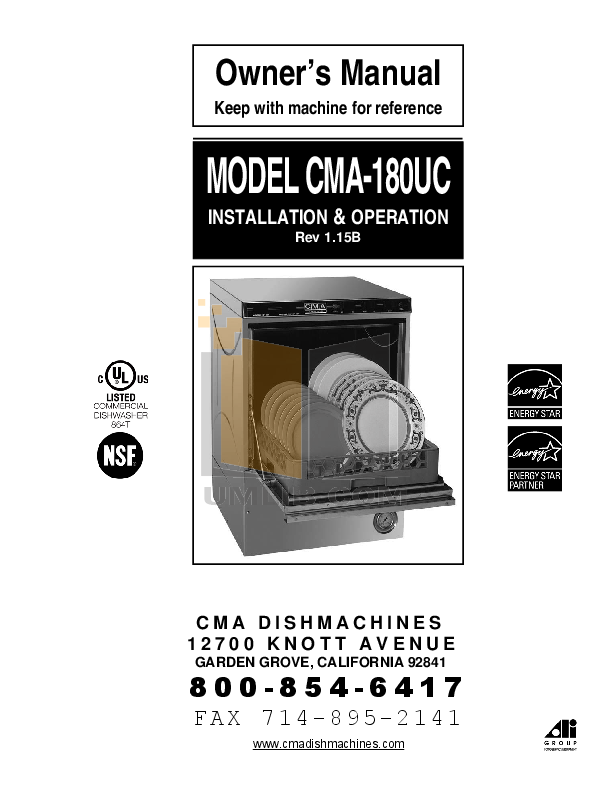 Download Free Pdf For Cma CMA-180 Dishwasher Manual