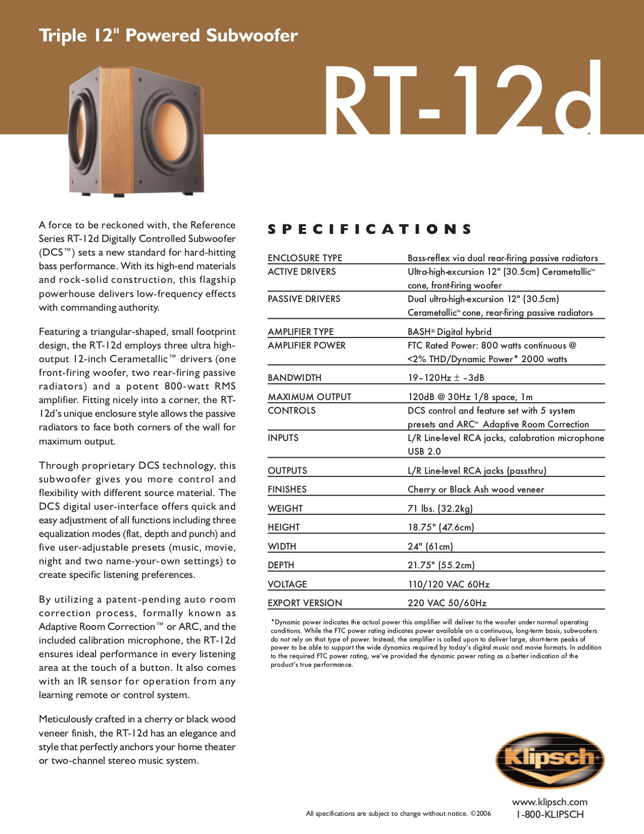 Download free pdf for Klipsch RT12d Subwoofer manual