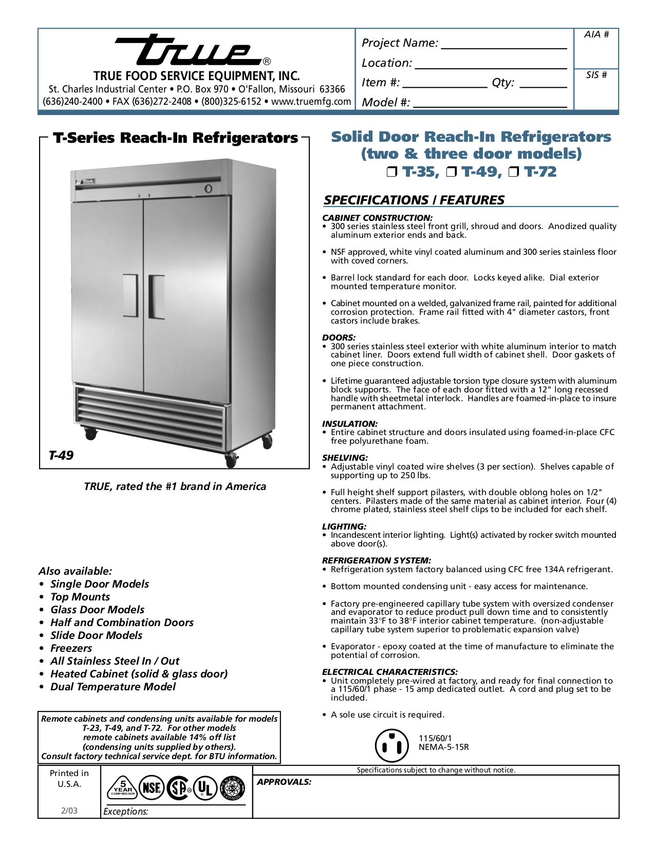 Download free pdf for True T49PT Refrigerator manual