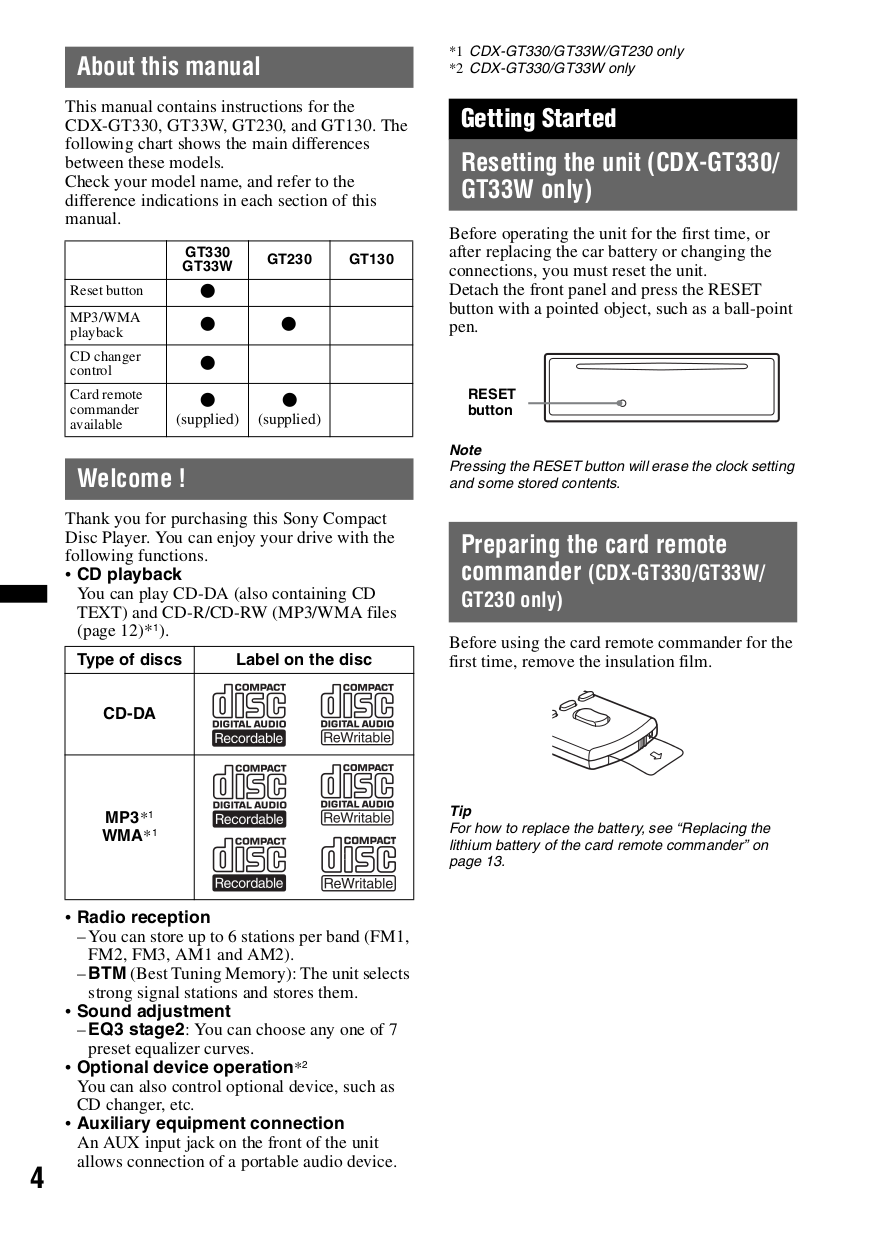 PDF Manual For Sony CD Player Xplod CDX GT230