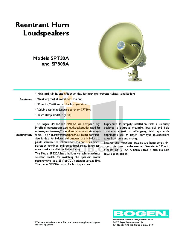 PDF manual for Bogen Speaker SPT30A
