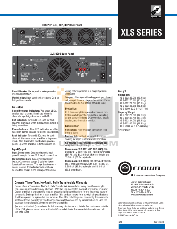 PDF manual for Crown Amp XLS 602