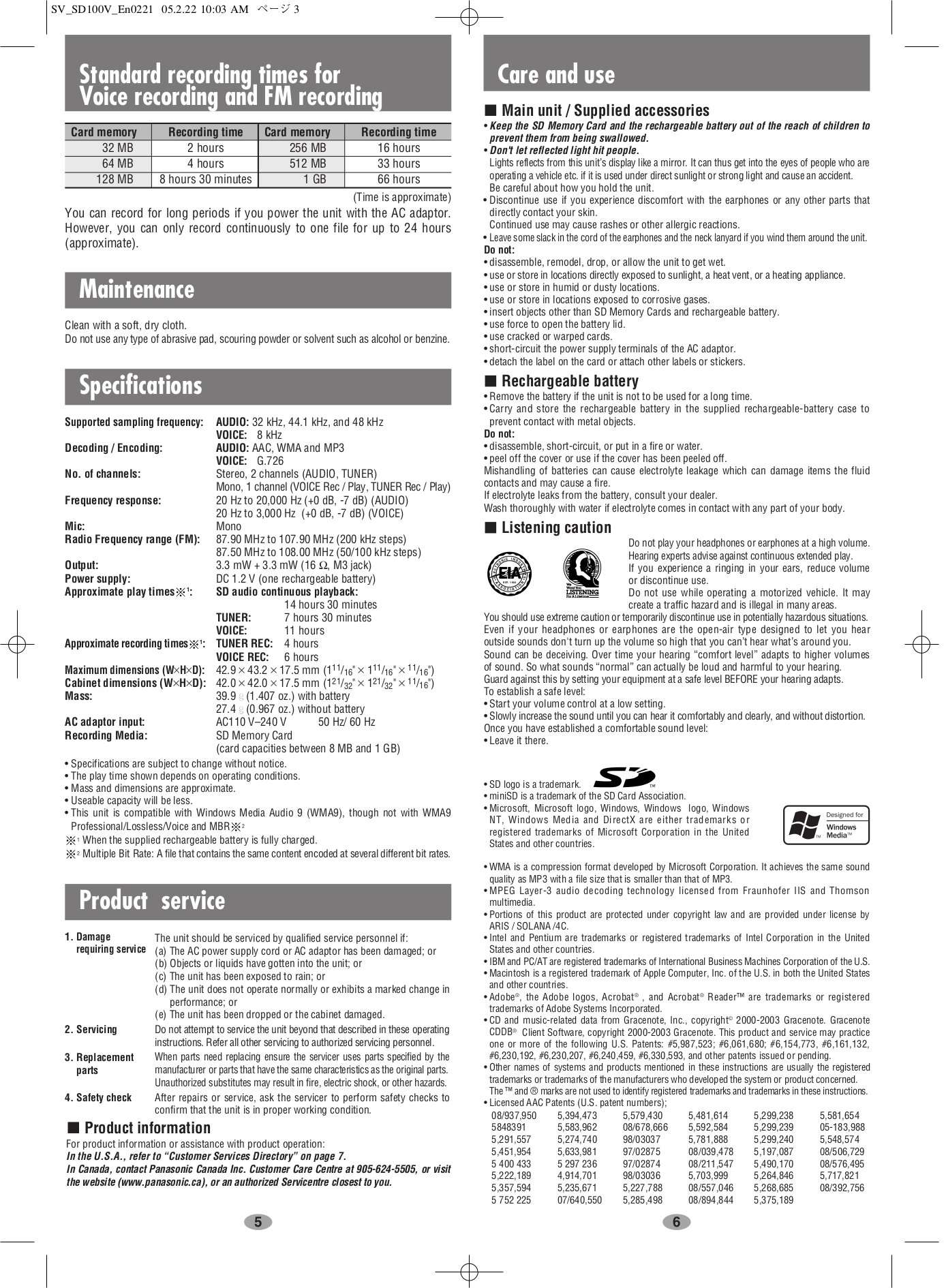 PDF manual for Panasonic MP3 Player SV-SD100V