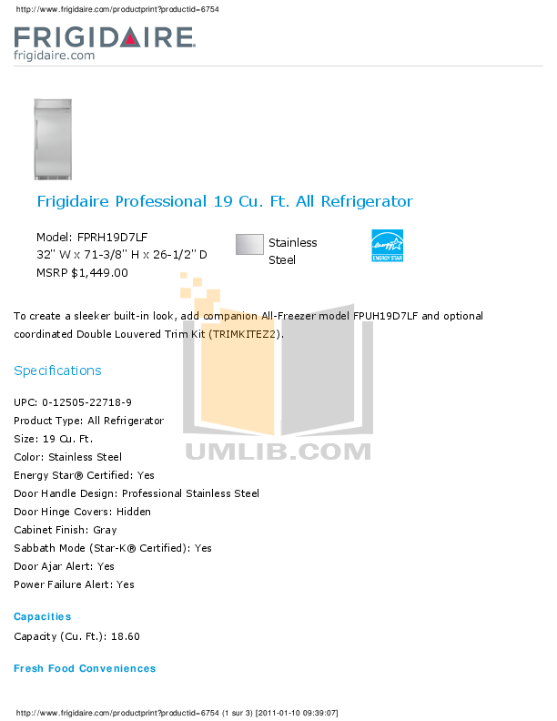 Download free pdf for Frigidaire Professional FPRH19D7LF Refrigerator