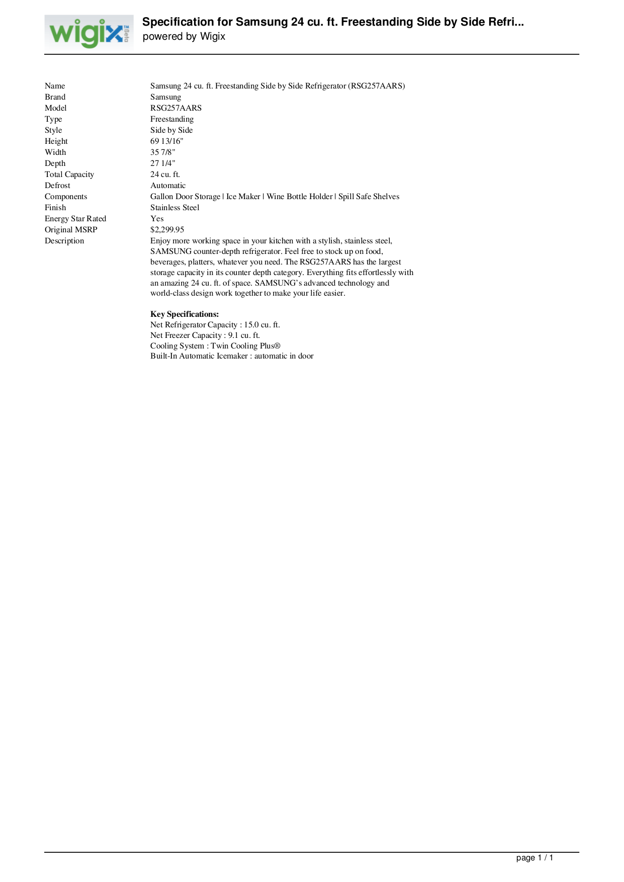 Download free pdf for Samsung RSG257AARS Refrigerator manual