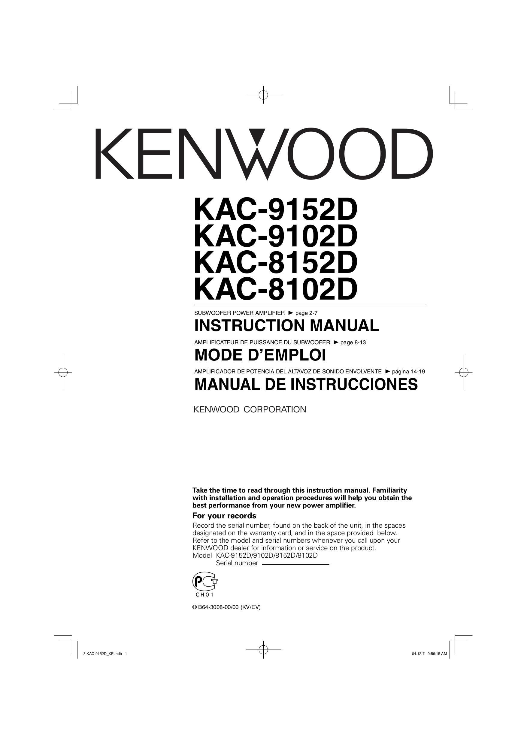 PDF manual for Kenwood Amp KAC606