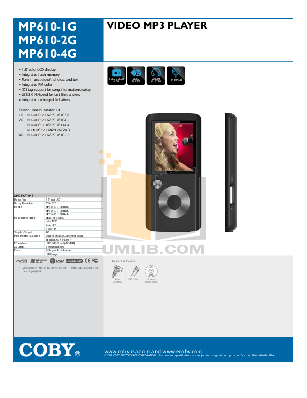 Download free pdf for Coby MP610 1GB MP3 Player manual