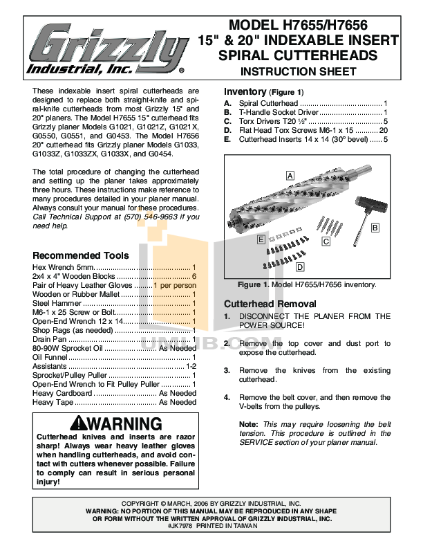Download free pdf for Grizzly G1033 Planers Other manual