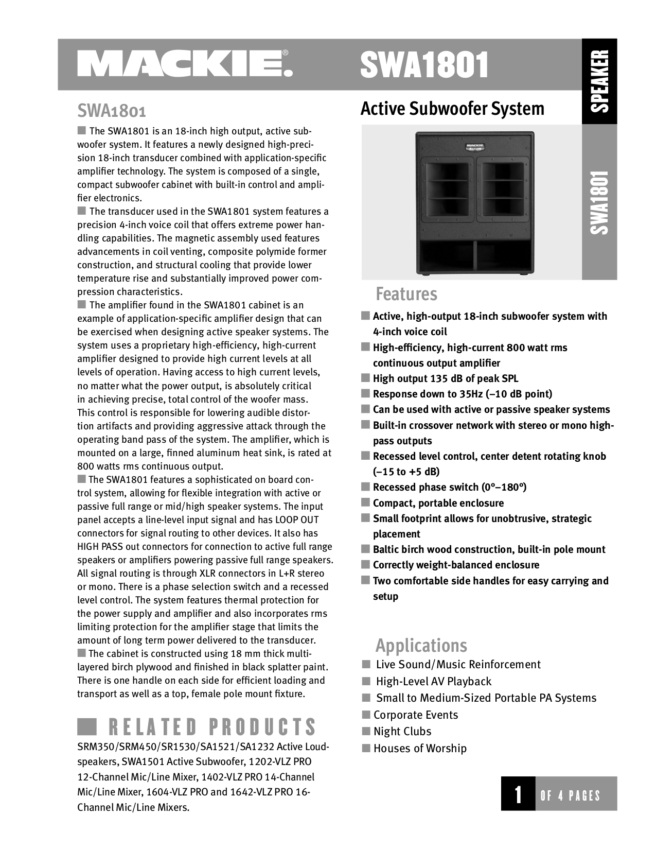 PDF manual for Mackie Subwoofer SWA1801