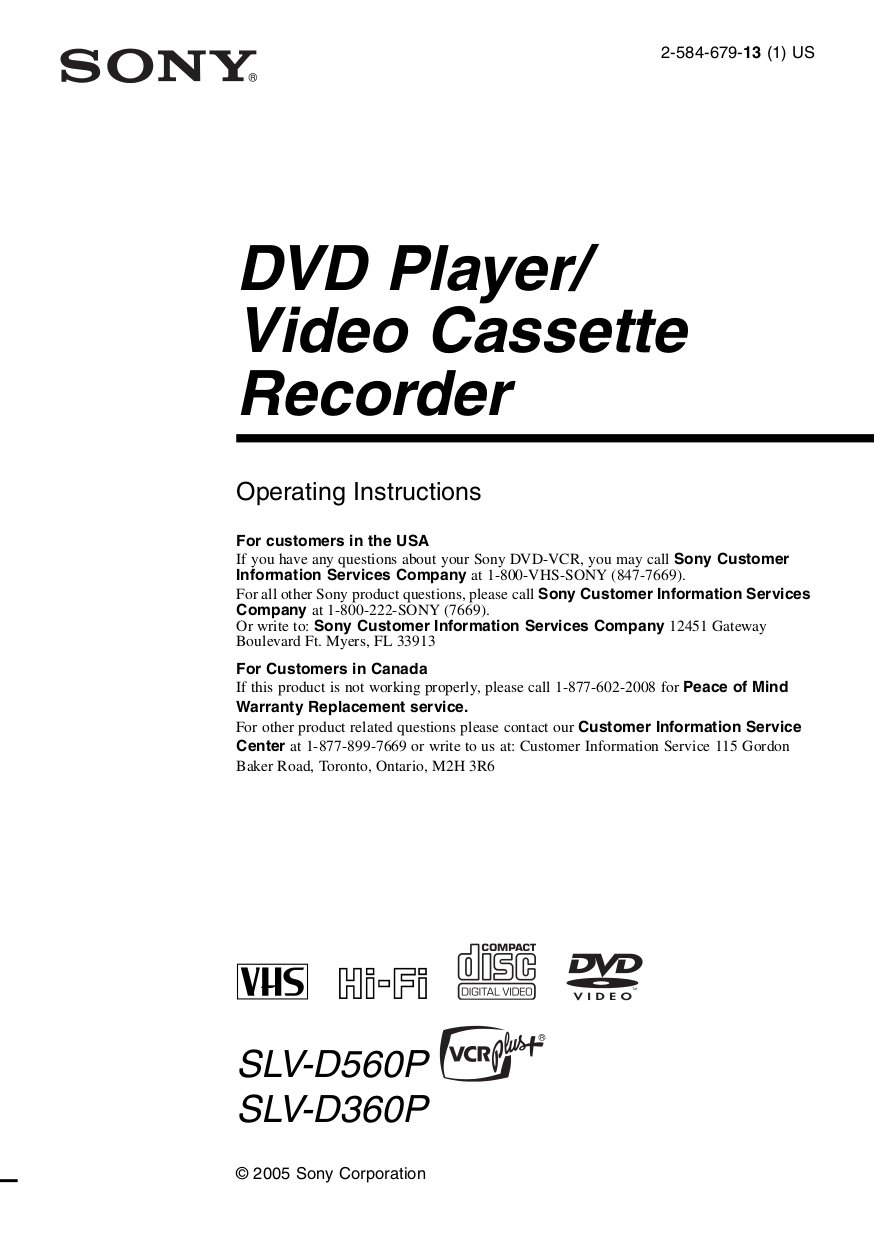 Download free pdf for Sony SLV-D360P DVD Players manual