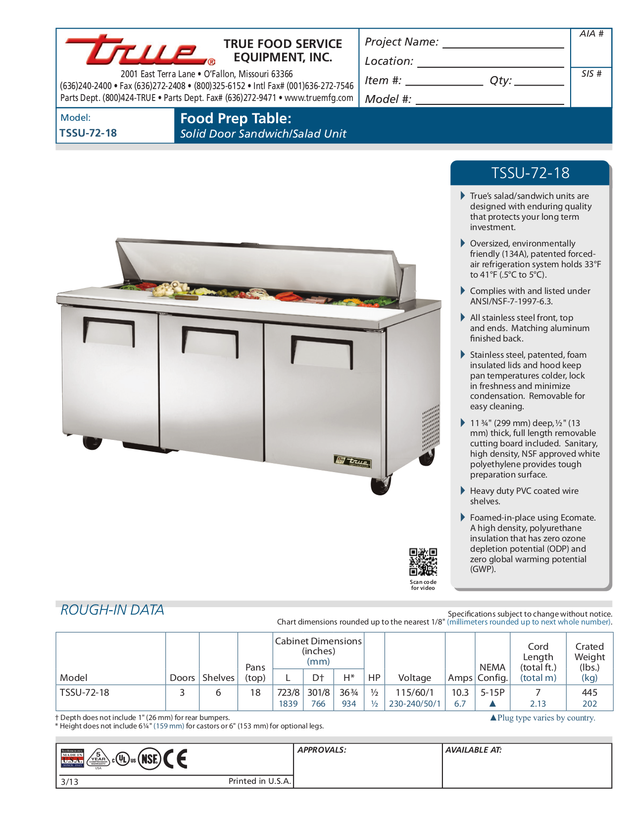 PDF Manual For True Other TSSU-72-18 Food Prep Tables