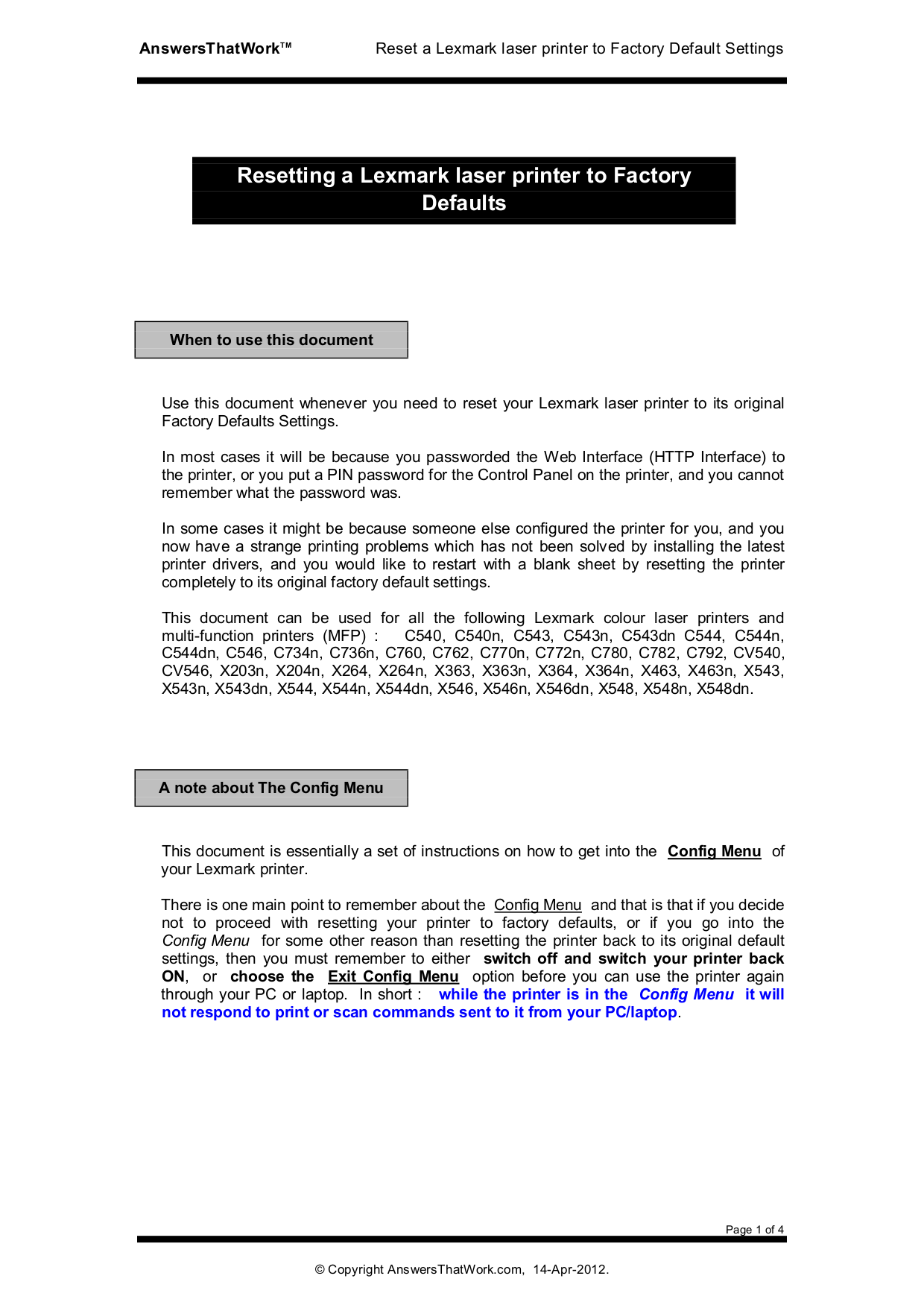 Download free pdf for Lexmark X264DN Multifunction Printer manual