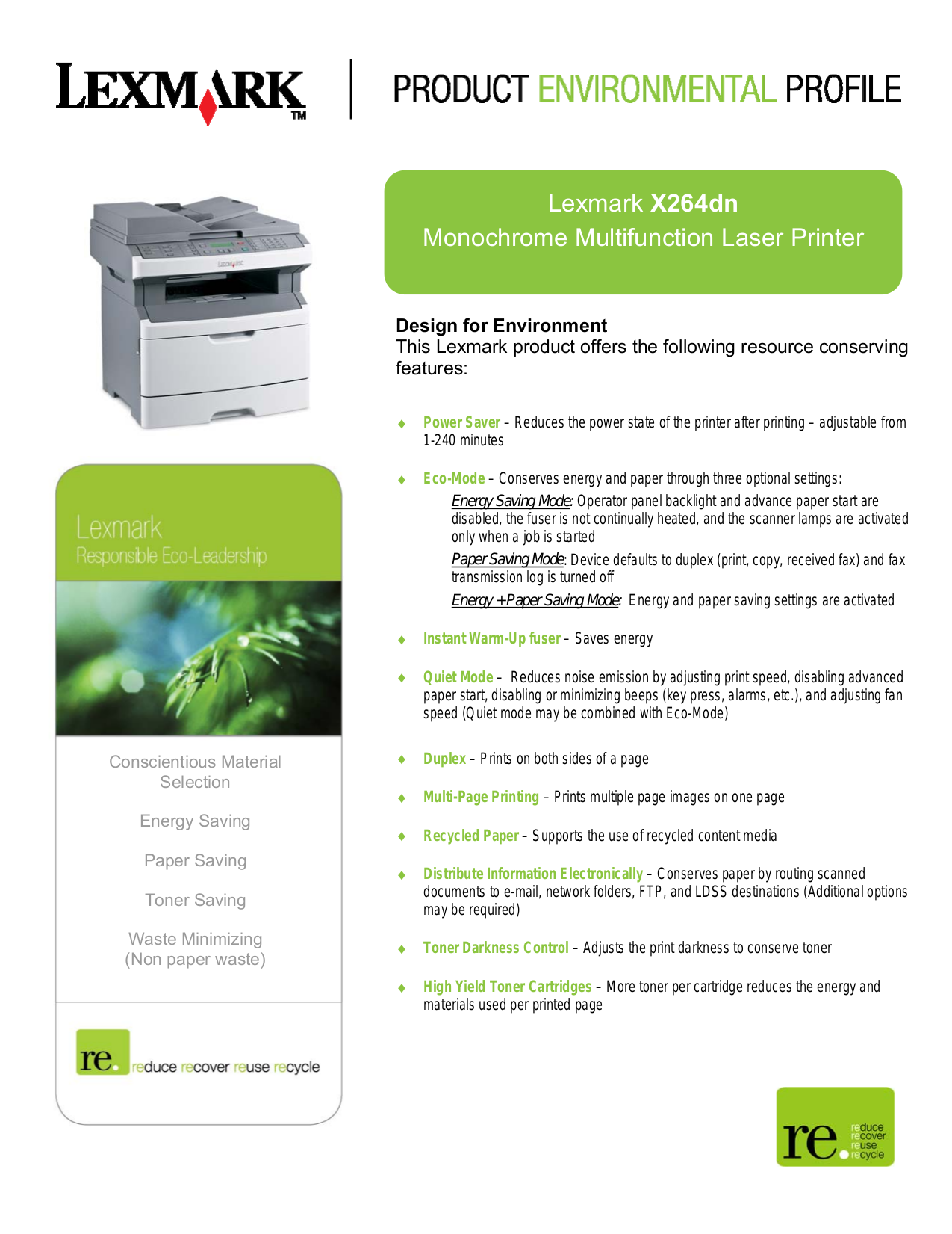Download free pdf for Lexmark X264DN Multifunction Printer manual