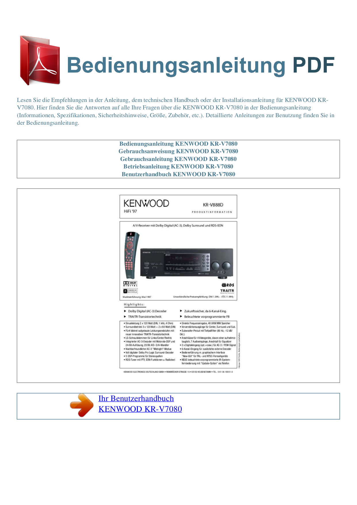 Download free pdf for Kenwood KRV7080 Receiver manual