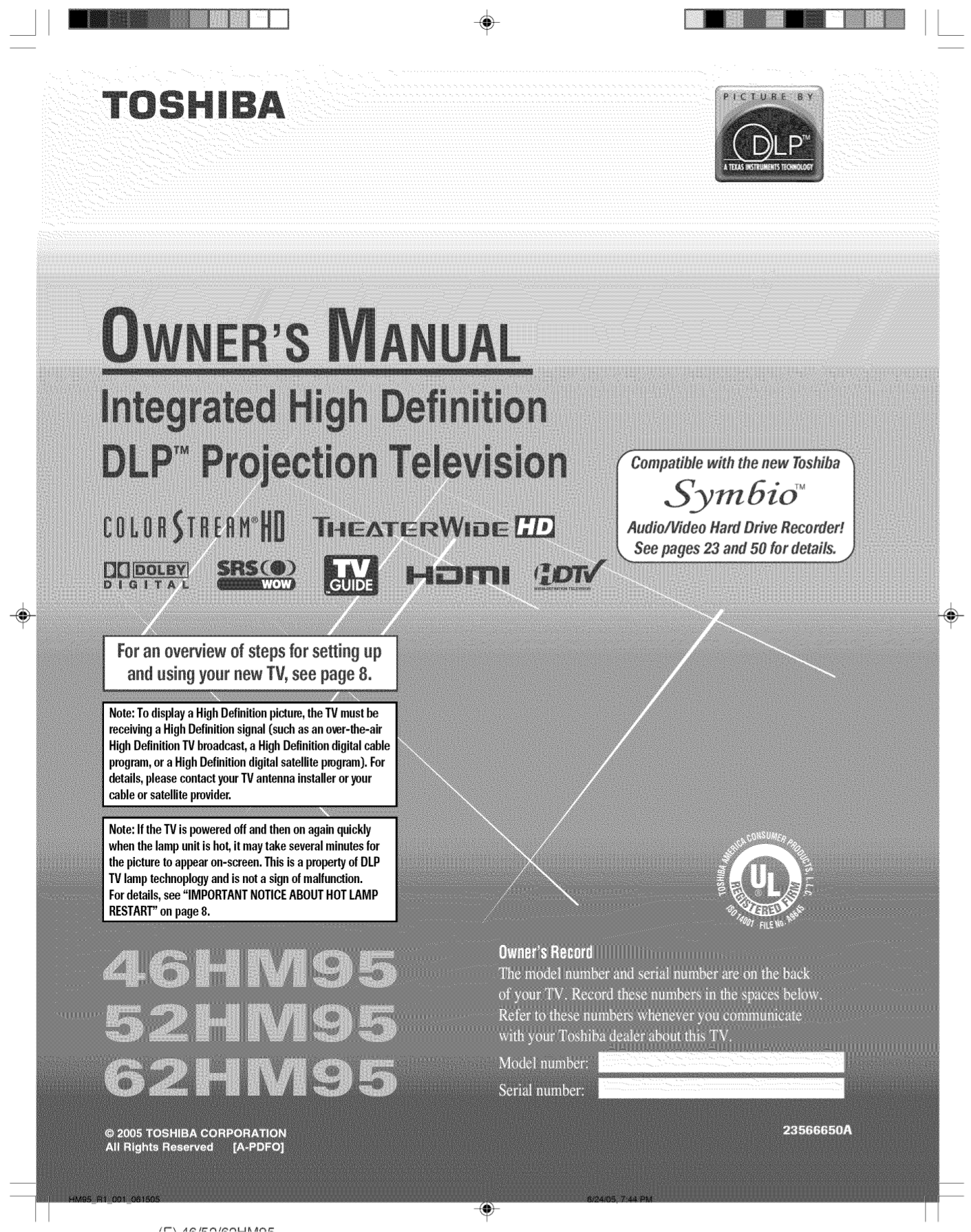 Download Free Pdf For Toshiba 62HM95 TV Manual