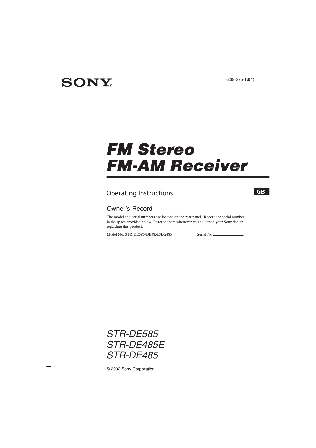 Download free pdf for Sony STR-DE485 Receiver manual