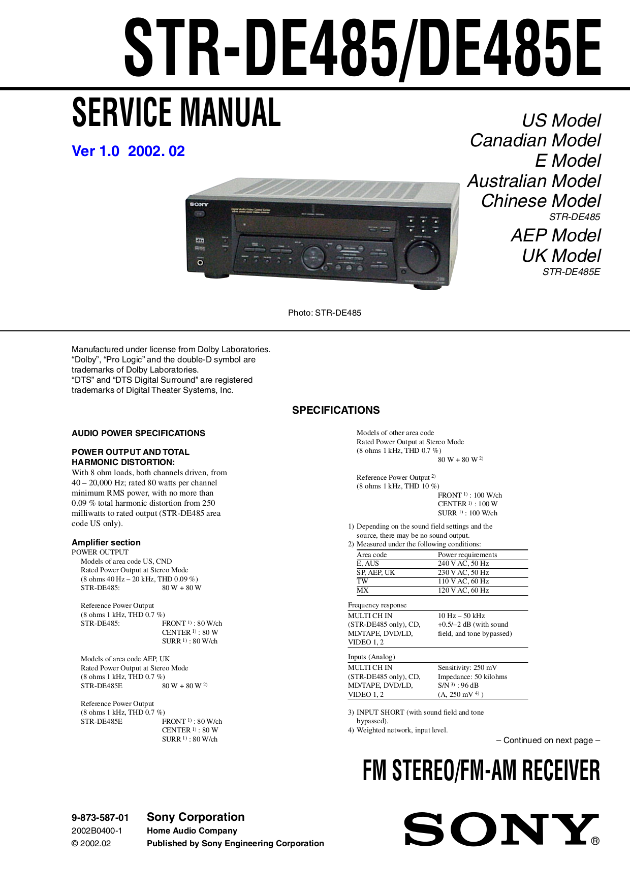 Download free pdf for Sony STR-DE485 Receiver manual