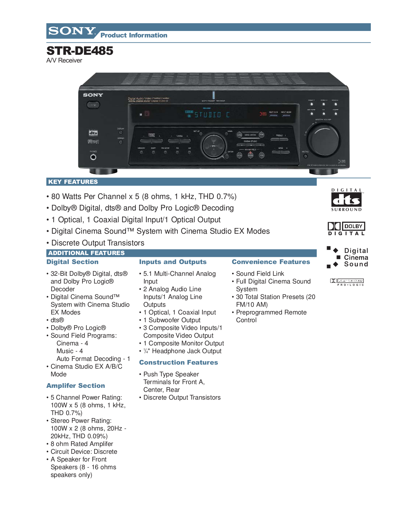 Download free pdf for Sony STR-DE485 Receiver manual