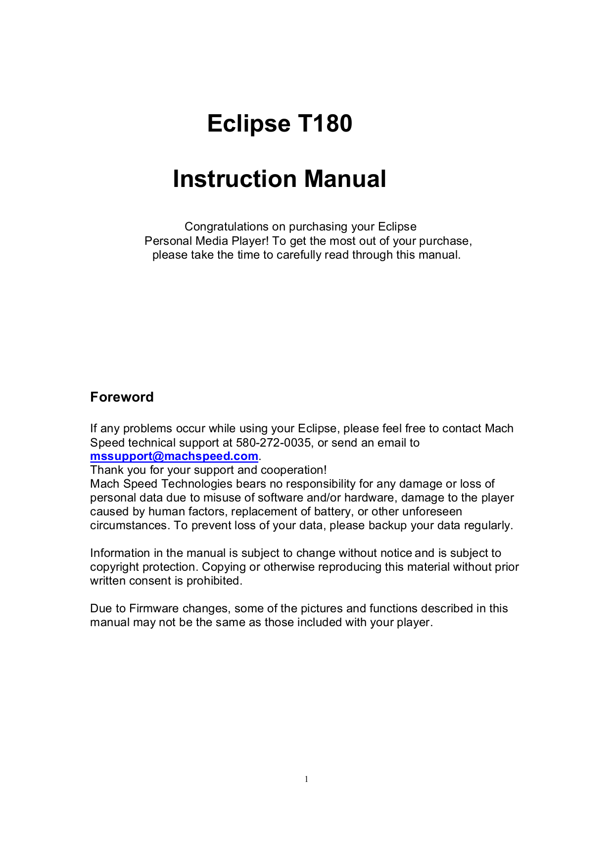 PDF manual for Mach MP3 Player Eclipse 180 8GB