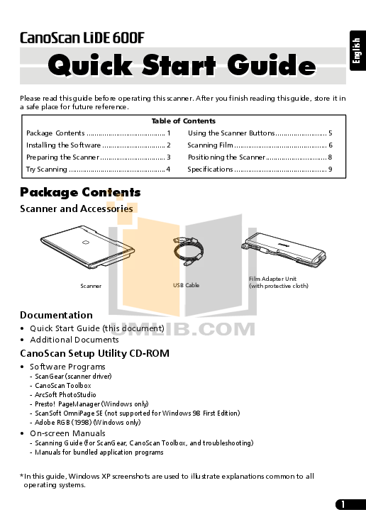 PDF manual for Canon Scanner CanoScan LiDE 600F
