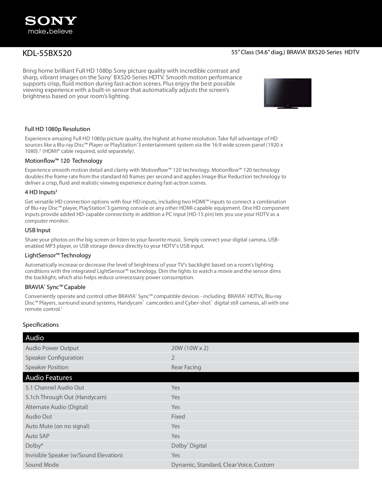 Download free pdf for Sony BRAVIA KDL-55BX520 TV manual