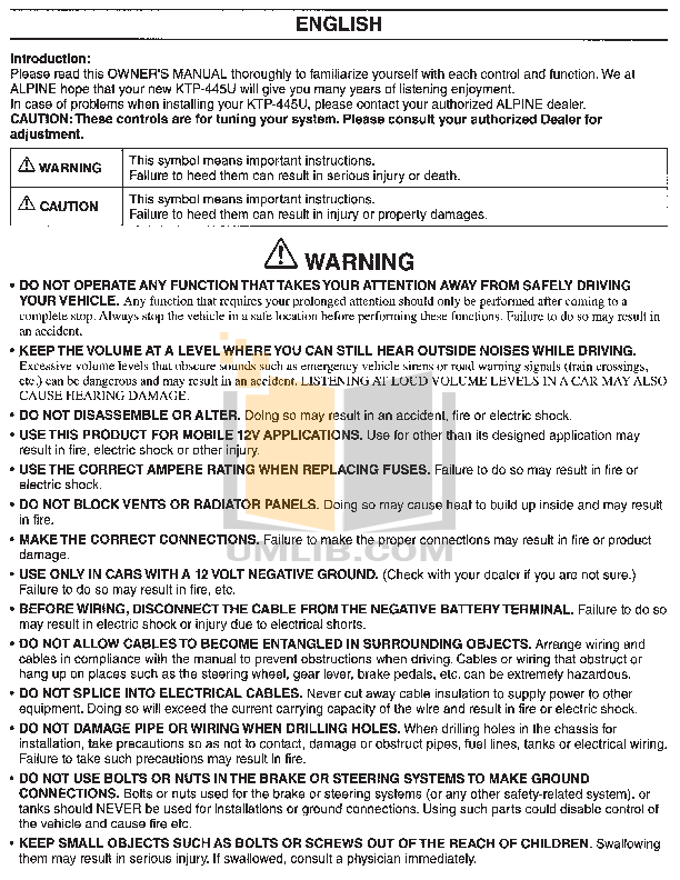 PDF manual for Alpine Car Amplifier KTP-445