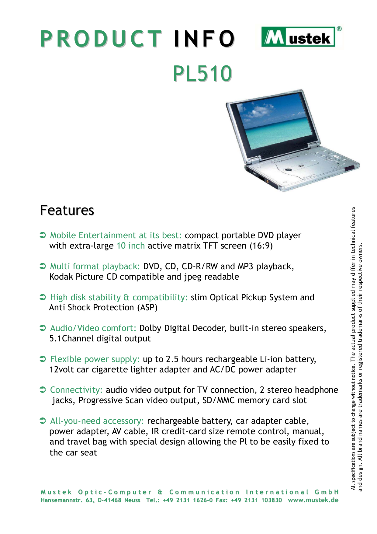 Download free pdf for Mustek PL510 Portable DVD Player manual