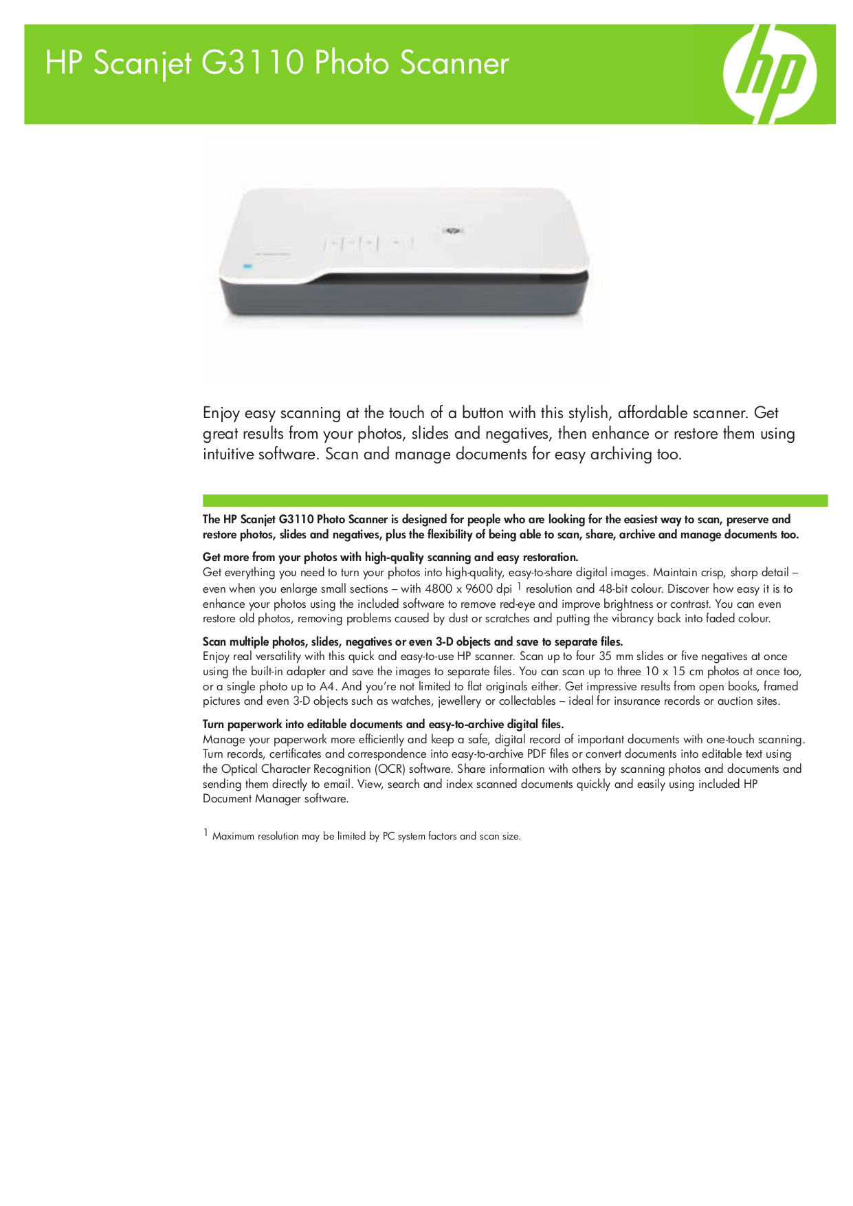 Download free pdf for HP Scanjet G3110 Scanner manual