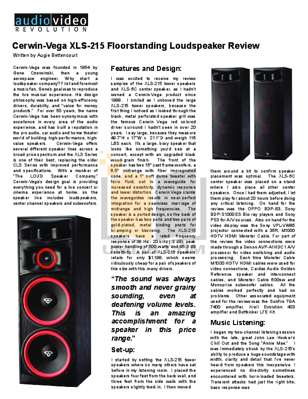 cerwin vega xls 215 specs