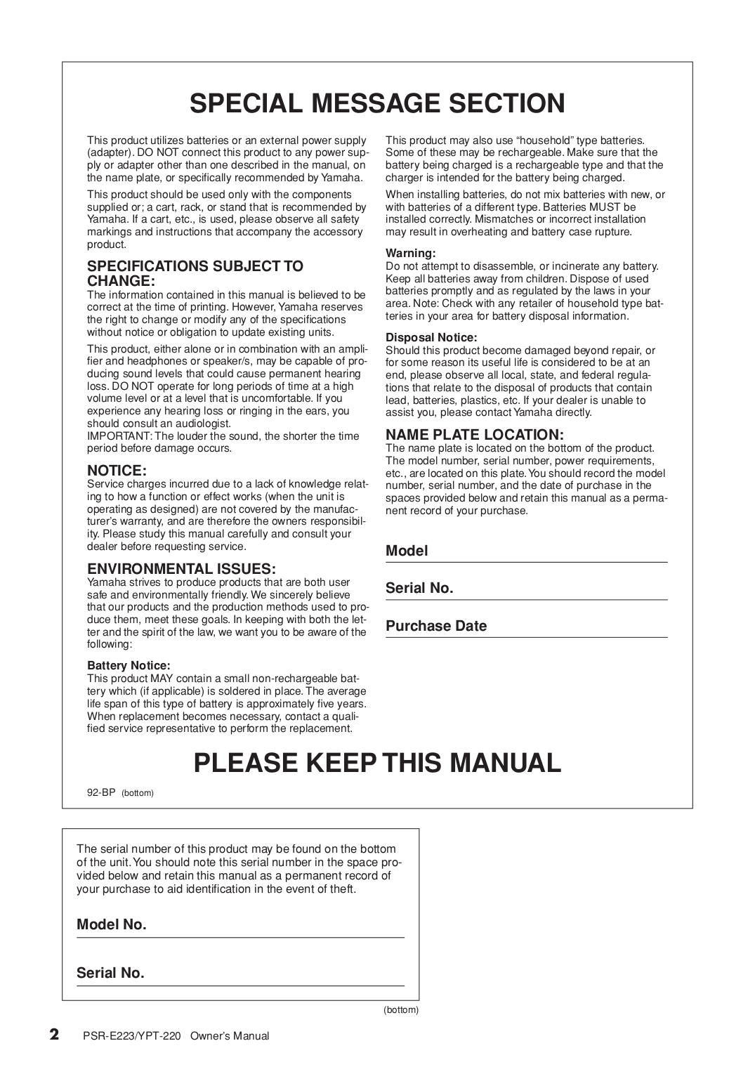 PDF manual for Yamaha Music Keyboard PSR-220
