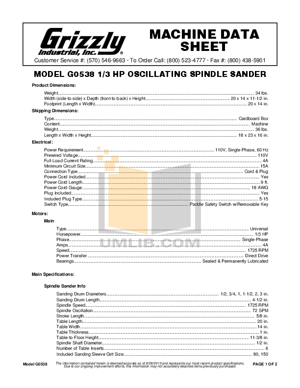 Download free pdf for Grizzly G0538 Sanders Other manual